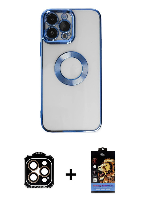 ieg™ iPhone 14 Pro Max Kılıf Pusula Form - Siyah Buffer Hayalet Cam Ekran Koruyucu + Turuncu PVD Met