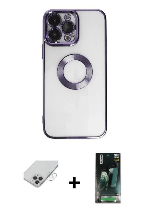 ieg™ iPhone 14 Pro Max Kılıf Pusula Form - Siyah 360 Mat Full Body Arka Koruyucu + Gümüş Band Metal