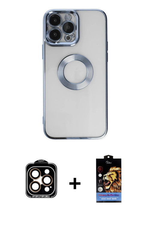 ieg™ iPhone 14 Pro Max Kılıf Pusula Form - Siyah Buffer Hayalet Cam Ekran Koruyucu + Turuncu PVD Met