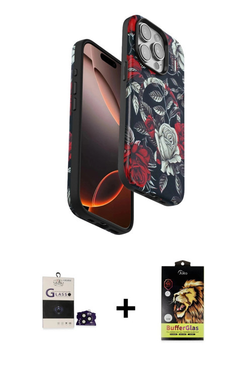 ieg™ iPhone 14 Pro Max Kılıf Siluet Doku - Siyah Buffer Cam Ekran Koruyucu + Siyah Bilvis Titan Kame