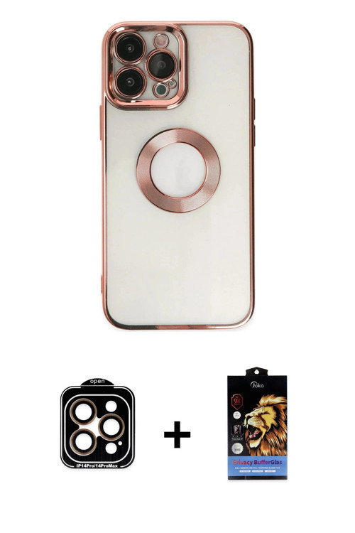 ieg™ iPhone 14 Pro Max Kılıf Pusula Form - Siyah Buffer Hayalet Cam Ekran Koruyucu + Turuncu PVD Met