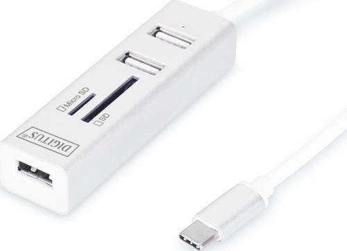 USB 2.0 Tip C 3 Port Hub, Kart Okuyucu, 3 x USB 2.0. 1 x SD, 1 x MicroSD kart yuvası, alümin