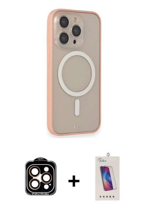 ieg™ iPhone 14 Pro Max Kılıf Siluet Işık Koleksiyonu - Siyah Joko 5D Cam + Turuncu PVD Metal Kamera