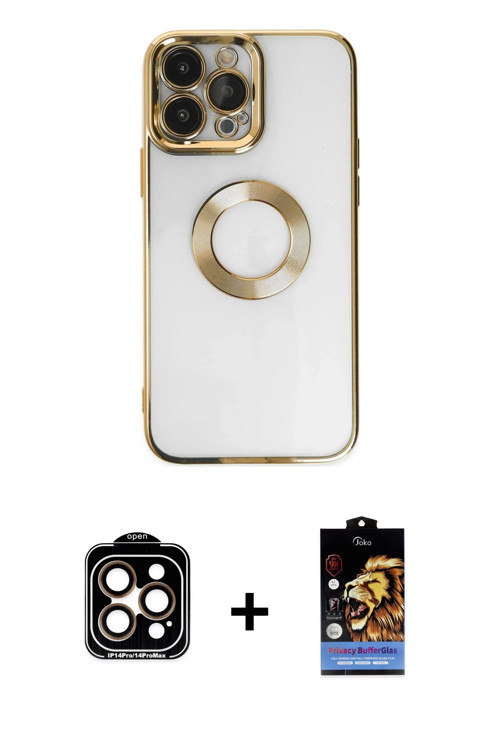 ieg™ iPhone 14 Pro Max Kılıf Pusula Form - Siyah Buffer Hayalet Cam Ekran Koruyucu + Turuncu PVD Met
