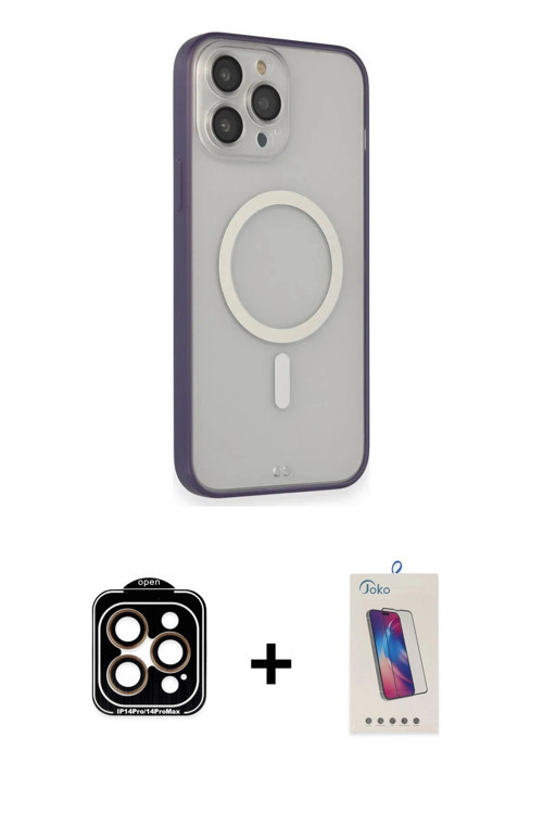 ieg™ iPhone 14 Pro Max Kılıf Siluet Işık Koleksiyonu - Siyah Joko 5D Cam + Turuncu PVD Metal Kamera