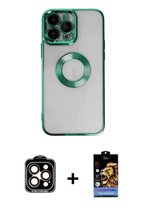 ieg™ iPhone 14 Pro Max Kılıf Pusula Form - Siyah Buffer Hayalet Cam Ekran Koruyucu + Turuncu PVD Met
