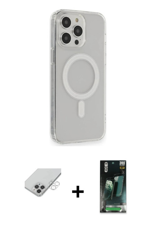 ieg™ iPhone 14 Pro Max Kılıf Pusula Çizgi Koleksiyonu - Şeffaf 360 Full Body Arka Koruyucu + Gümüş B