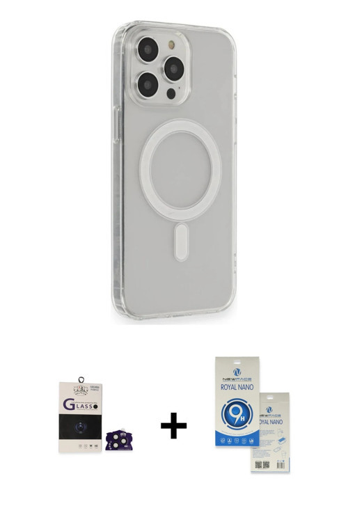 ieg™ iPhone 14 Pro Max Kılıf Pusula Çizgi Koleksiyonu - Şeffaf Royal Nano Ekran Koruyucu + Derin Mor