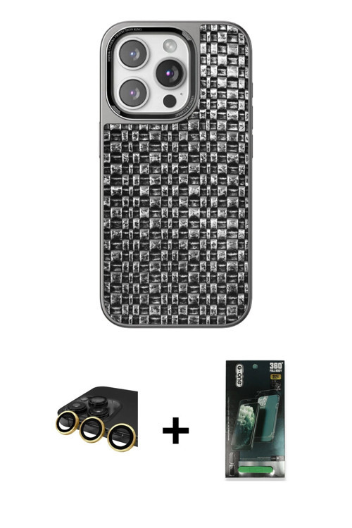 ieg™ iPhone 14 Pro Max Kılıf Siluet Form Serisi - Şeffaf 360 Full Body Arka Koruyucu + Gold Raze Met