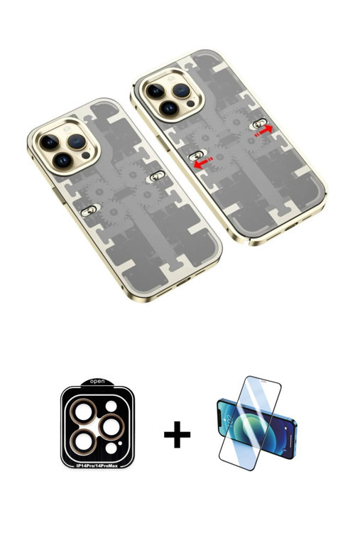 ieg™ iPhone 14 Pro Max Kılıf Ufuk Doku Prime - Siyah 3D Antistatik Cam Ekran Koruyucu + Turuncu PVD