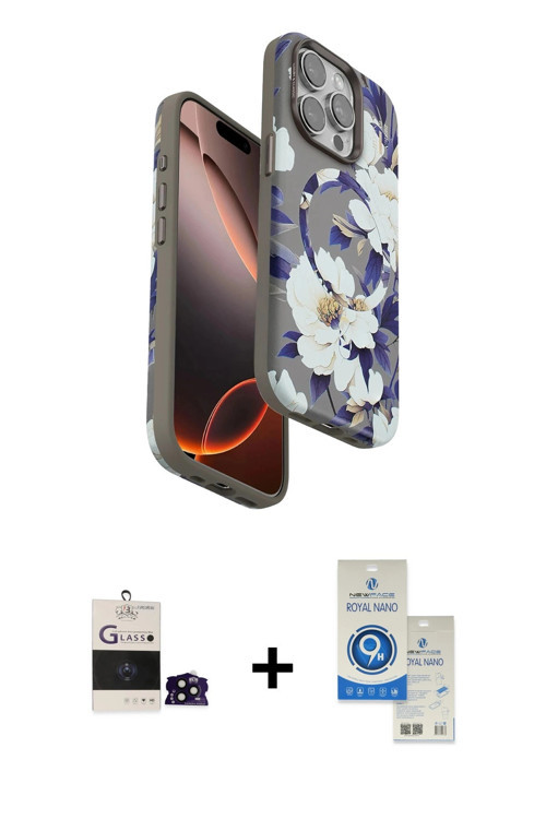 ieg™ iPhone 14 Pro Max Kılıf Siluet Doku - Şeffaf Royal Nano Ekran Koruyucu + Siyah Bilvis Titan Kam