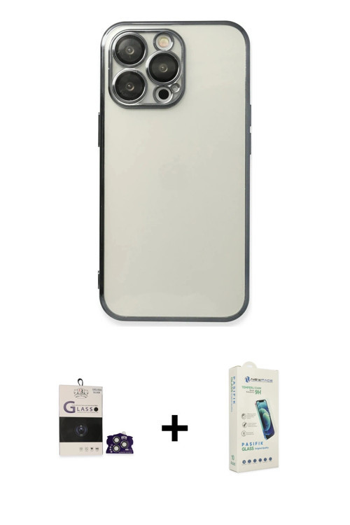ieg™ iPhone 14 Pro Max Kılıf Vadi Minimal - Şeffaf Pasifik Cam Ekran Koruyucu + Gümüş Bilvis Titan K