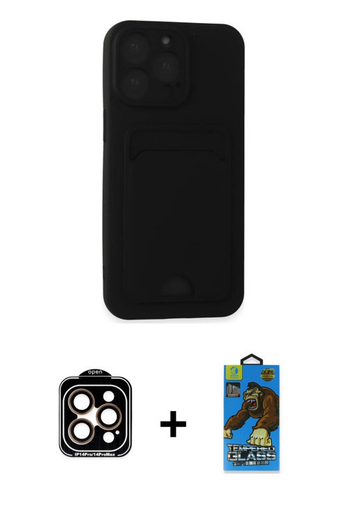ieg™ iPhone 14 Pro Max Kılıf Vadi Çizgi Prime - Siyah 18D Cam Ekran Koruyucu + Turuncu PVD Metal Kam