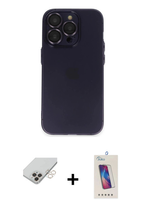 ieg™ iPhone 14 Pro Max Kılıf Ufuk Minimal Özel Seri - Siyah Joko 5D Cam + Gold Band Metal Kamera Len