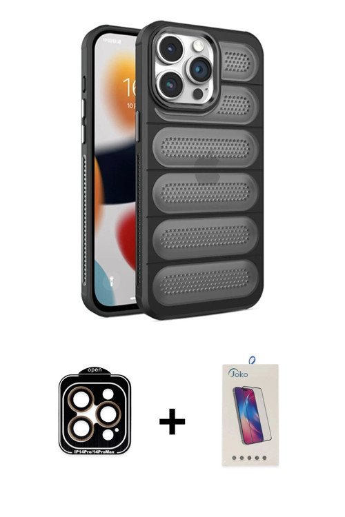 ieg™ iPhone 14 Pro Max Kılıf Yadigar Doku Özel Seri - Siyah Joko 5D Cam + Turuncu PVD Metal Kamera L
