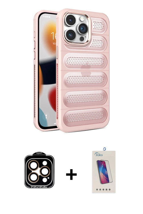 ieg™ iPhone 14 Pro Max Kılıf Yadigar Doku Özel Seri - Siyah Joko 5D Cam + Turuncu PVD Metal Kamera L