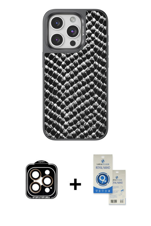 ieg™ iPhone 14 Pro Max Kılıf Vadi Özel Seri - Şeffaf Royal Nano Ekran Koruyucu + Turuncu PVD Metal K