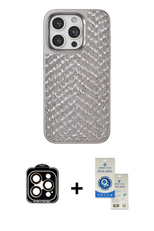 ieg™ iPhone 14 Pro Max Kılıf Vadi Özel Seri - Şeffaf Royal Nano Ekran Koruyucu + Turuncu PVD Metal K