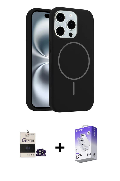 ieg™ iPhone 14 Pro Max Kılıf Yankı Form Serisi - Siyah Bilvis 5in1 3D Magic Cam Ekran Koruyucu + Siy