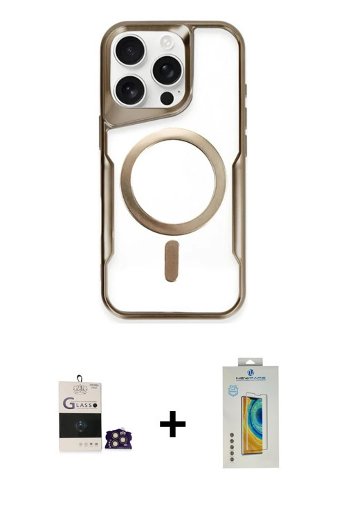 ieg™ iPhone 14 Pro Max Kılıf Yadigar Klasik Özel Seri - Siyah Polymer Nano Ekran Koruyucu + Gold Bil