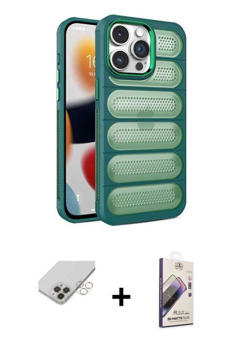 ieg™ iPhone 14 Pro Max Kılıf Yadigar Doku Özel Seri - Siyah Bilvis 3D Mat Cam Ekran Koruyucu + Gold