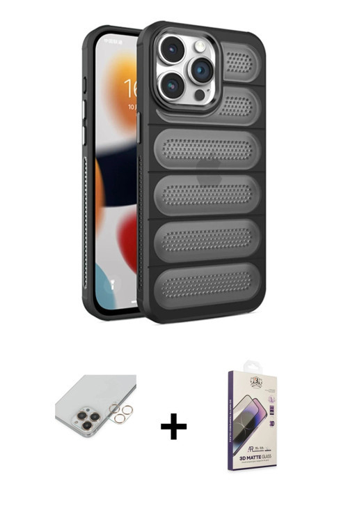 ieg™ iPhone 14 Pro Max Kılıf Yadigar Doku Özel Seri - Siyah Bilvis 3D Mat Cam Ekran Koruyucu + Gold
