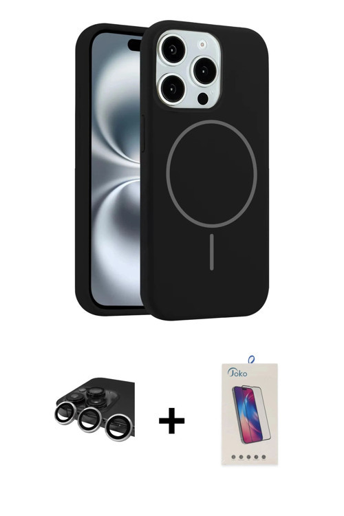 ieg™ iPhone 14 Pro Max Kılıf Yankı Form Serisi - Siyah Joko 5D Cam + Gümüş Raze Metal Kamera Lens