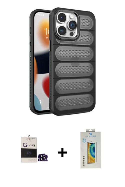 ieg™ iPhone 14 Pro Max Kılıf Yadigar Doku Özel Seri - Siyah Polymer Nano Ekran Koruyucu + Siyah Bilv