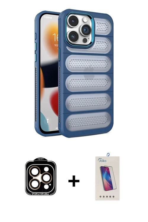ieg™ iPhone 14 Pro Max Kılıf Yadigar Doku Özel Seri - Siyah Joko 5D Cam + Turuncu PVD Metal Kamera L