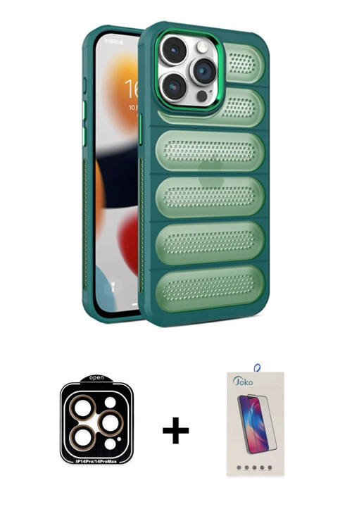 ieg™ iPhone 14 Pro Max Kılıf Yadigar Doku Özel Seri - Siyah Joko 5D Cam + Turuncu PVD Metal Kamera L