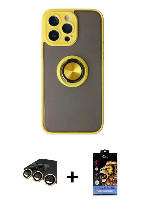 ieg™ iPhone 14 Pro Max Kılıf Yörünge Çizgi - Siyah Buffer Hayalet Cam Ekran Koruyucu + Gold Raze Met