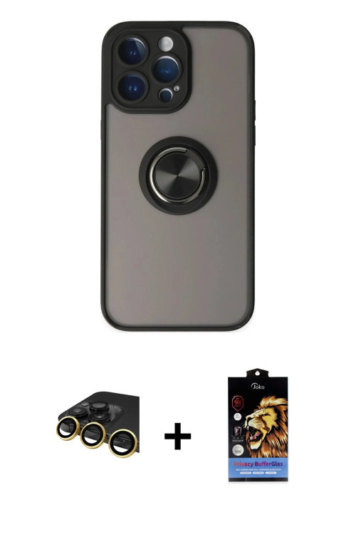ieg™ iPhone 14 Pro Max Kılıf Yörünge Çizgi - Siyah Buffer Hayalet Cam Ekran Koruyucu + Gold Raze Met
