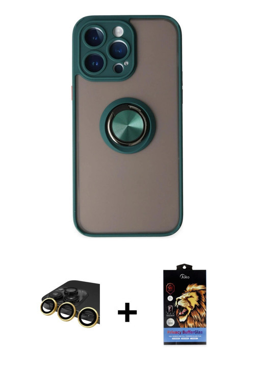 ieg™ iPhone 14 Pro Max Kılıf Yörünge Çizgi - Siyah Buffer Hayalet Cam Ekran Koruyucu + Gold Raze Met