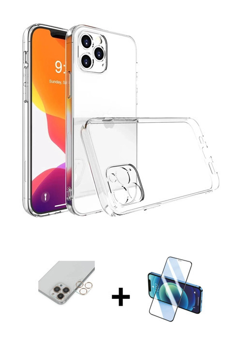 ieg™ iPhone 14 Pro Max Kılıf Zirve Doku - Siyah 3D Antistatik Cam Ekran Koruyucu + Gold Band Metal K