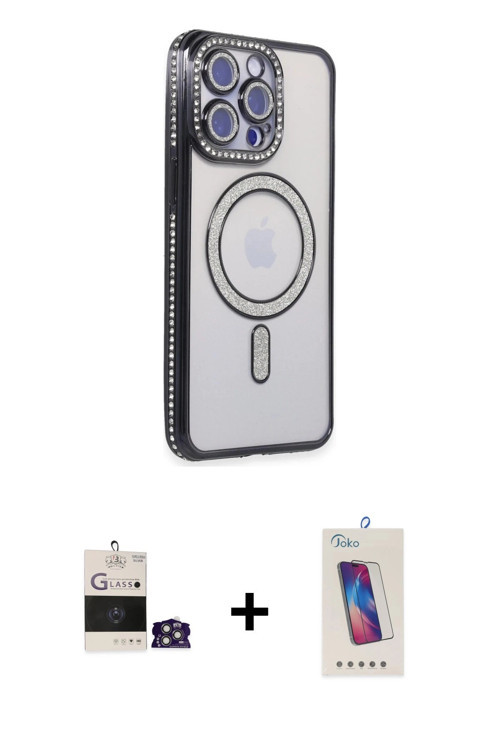 ieg™ iPhone 14 Pro Max Kılıf Zirve Doku Prime - Siyah Joko 5D Cam + Gümüş Bilvis Titan Kamera Lens