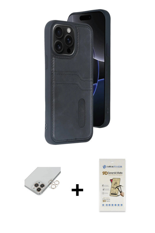 ieg™ iPhone 14 Pro Max Kılıf Yörünge Işık Serisi - Siyah Mat Seramik Nano Ekran Koruyucu + Gold Band