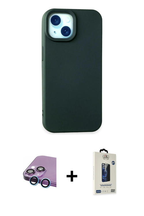 ieg™ iPhone 15 Kılıf Ahenk Serisi - Siyah Bilvis Hayalet Cam Ekran Koruyucu + Mavi Raze Metal Kamera