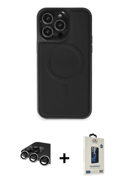 ieg™ iPhone 14 Pro Max Kılıf Zirve Işık Serisi - Siyah Bilvis Hayalet Cam Ekran Koruyucu + Gümüş Raz