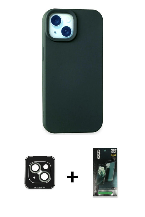 ieg™ iPhone 15 Kılıf Ahenk Serisi - Siyah 360 Mat Full Body Arka Koruyucu + Yeşil PVD Metal Kamera L