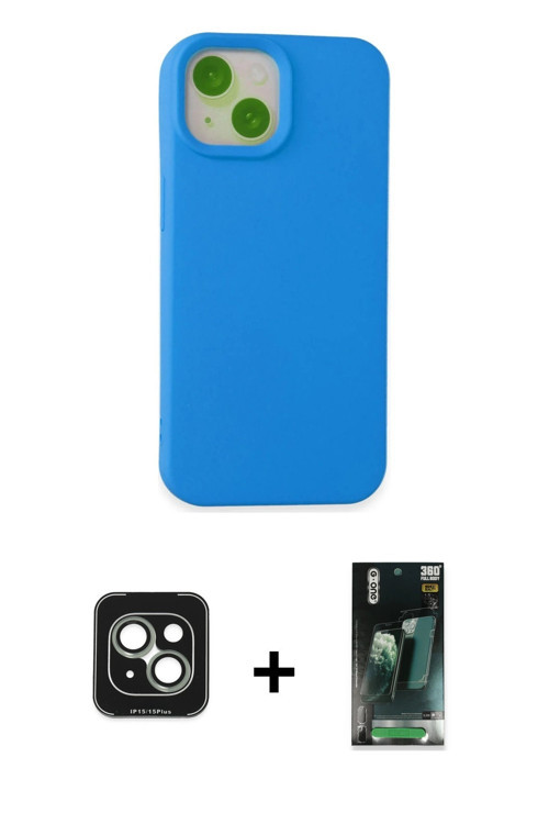 ieg™ iPhone 15 Kılıf Ahenk Serisi - Siyah 360 Mat Full Body Arka Koruyucu + Yeşil PVD Metal Kamera L
