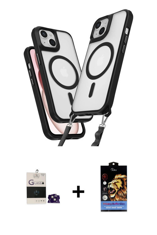 ieg™ iPhone 15 Kılıf Atlas Doku Koleksiyonu - Siyah Buffer Hayalet Cam Ekran Koruyucu + Pembe Bilvis