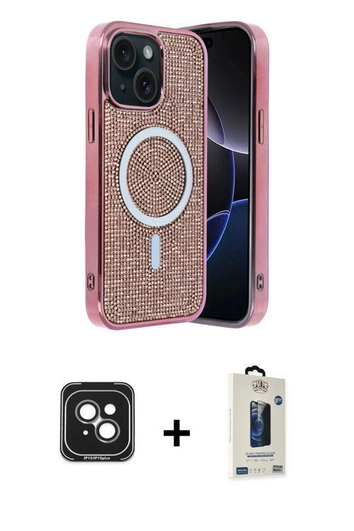 ieg™ iPhone 15 Kılıf Eksen Çizgi - Siyah Bilvis Hayalet Cam Ekran Koruyucu + Yeşil PVD Metal Kamera