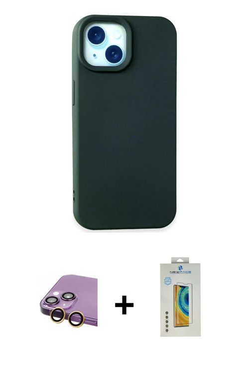 ieg™ iPhone 15 Kılıf Ahenk Serisi - Siyah Polymer Nano Ekran Koruyucu + Sarı Raze Metal Kamera Lens