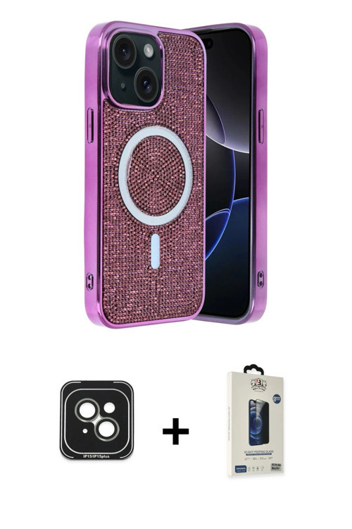 ieg™ iPhone 15 Kılıf Eksen Çizgi - Siyah Bilvis Hayalet Cam Ekran Koruyucu + Yeşil PVD Metal Kamera