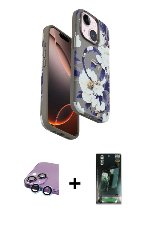 ieg™ iPhone 15 Kılıf Siluet Doku - Siyah 360 Mat Full Body Arka Koruyucu + Mavi Raze Metal Kamera Le