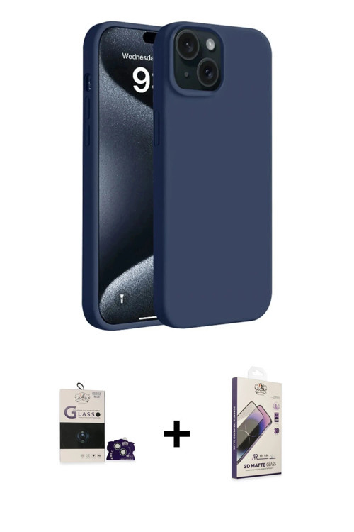 ieg™ iPhone 15 Kılıf Kozmos Yansıma Özel Seri - Siyah Bilvis 3D Mat Cam Ekran Koruyucu + Sierra Blue