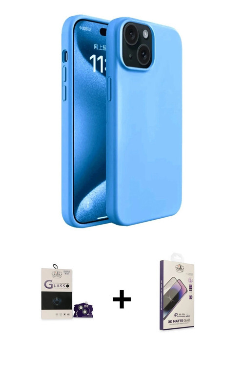 ieg™ iPhone 15 Kılıf Kozmos Yansıma Özel Seri - Siyah Bilvis 3D Mat Cam Ekran Koruyucu + Sierra Blue