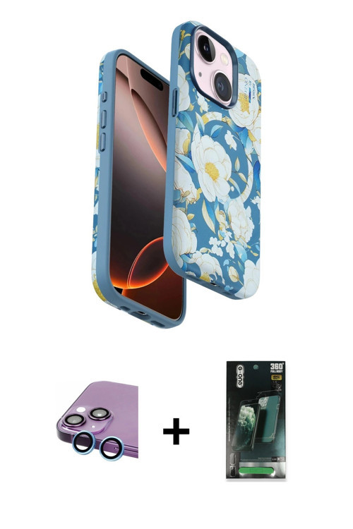 ieg™ iPhone 15 Kılıf Siluet Doku - Siyah 360 Mat Full Body Arka Koruyucu + Mavi Raze Metal Kamera Le