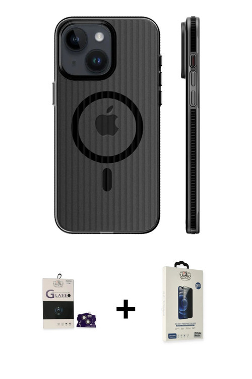 iPhone 15 Kılıf Pusula Minimal Koleksiyonu - Siyah Bilvis Hayalet Cam Ekran Koruyucu + Pembe Bi
