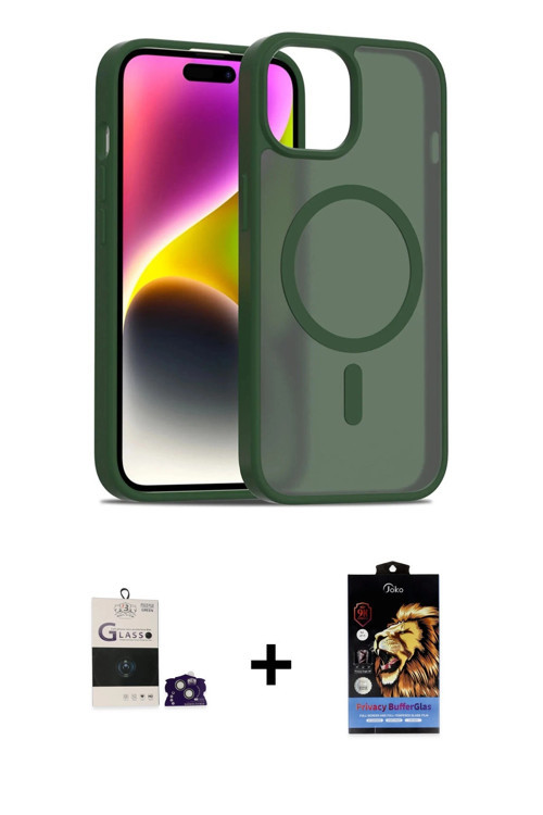 iPhone 15 Kılıf Siluet Minimal Prime - Siyah Buffer Hayalet Cam Ekran Koruyucu + Yeşil Bilvis T